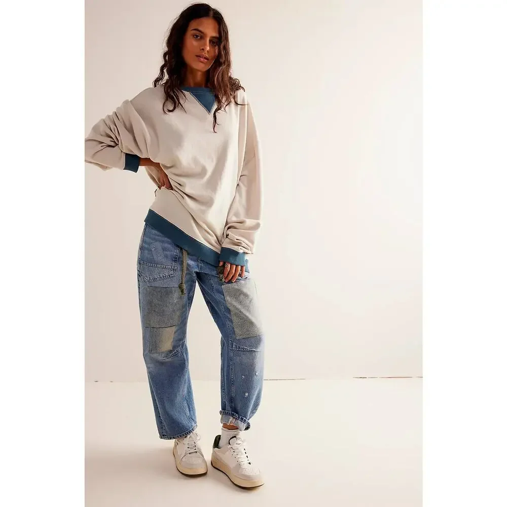 NWOT We the Free / Free People Classic Crew Colorblock Sweatshirt in Tea Combo - Picture 2 of 14